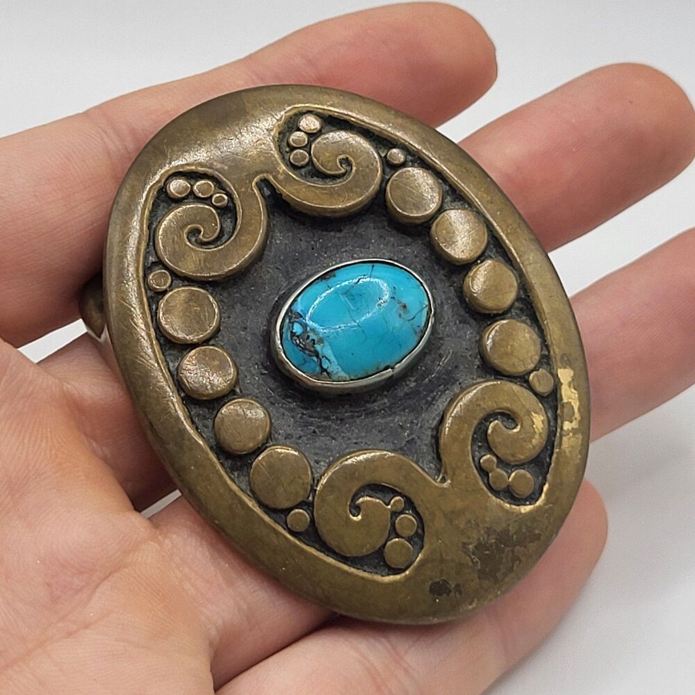 VTG Brass Southwest Belt Buckle Ornate Scrollwork Turquoise 2.5in Signed Qu Free